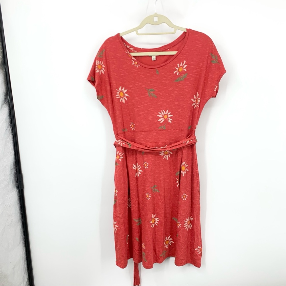 Toad & Co Women Size Large Dress Red Floral Short Sleeve Wrap Tie Organic Cotton
